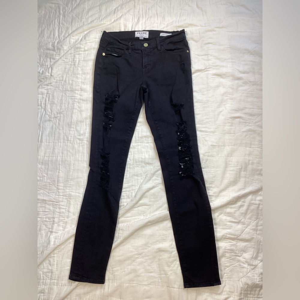 Frame Denim Le Skinny de Jeanne Ripped Distressed Film Noir Jeans 26